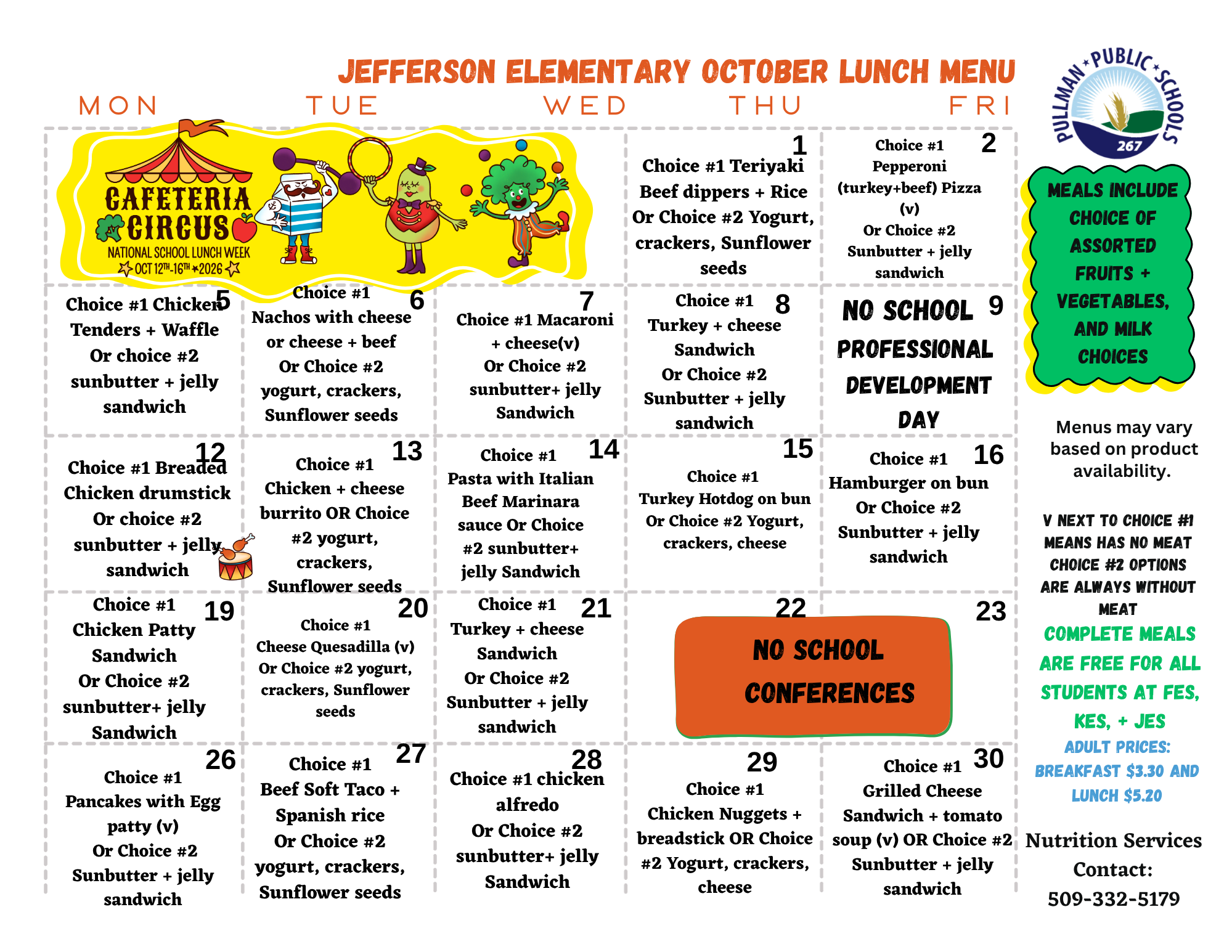 Jefferson Elementary October lunch menu featuring daily meal options from Monday through Friday.